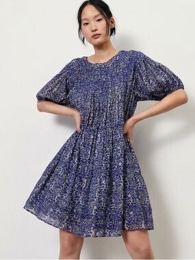 ba&sh Iris Floral Print Embroidered Yoke Drawstring Waist Cotton Dress Size 6 US